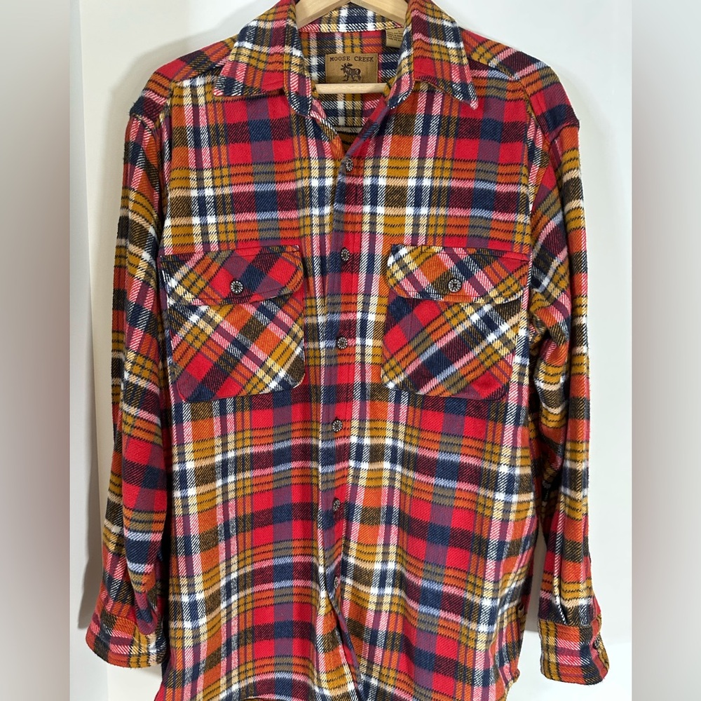 Men’s Moose Creek Red Plaid Flannel Shirt button front thick & soft SZ L